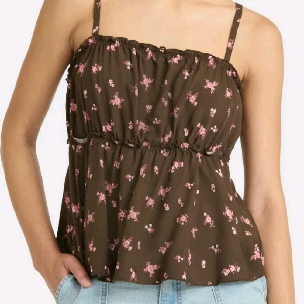 No Boundaries Cami Top Size M Brown Floral Peplum Adjustable Straps Cottagecore